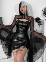 InsGoth Gothic Punk czarny Faux Leather 2 sztuk sukienka w stylu Vintage Flare rękawem krótkie bluzki kobiety Sexy Backless Bodycon sukienki do klubu 6